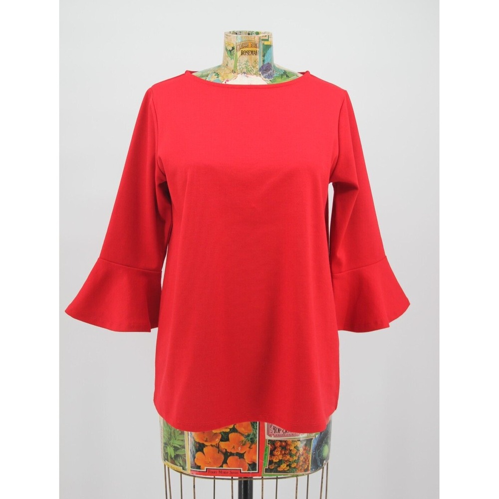 OCCASIONALLY MADE Women's RED Knit top BELL 3/4 Sleeves STRETCH Sz Small Classic